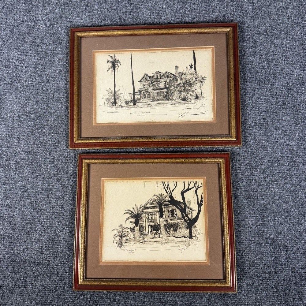 Vintage Architectural Sketch Art Framed Tampa Florida Mansion Hyde Park Signed